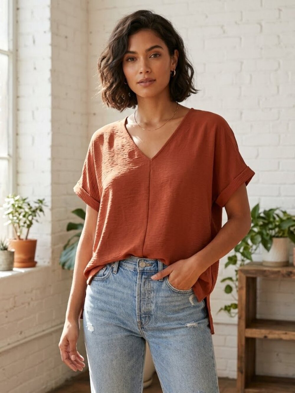 MITTOSHOP Short-Sleeve V-Neck Top